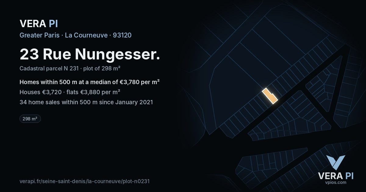 23 Rue Nungesser, La Courneuve at night – the plot lit, the parcels around coloured by the prices near them