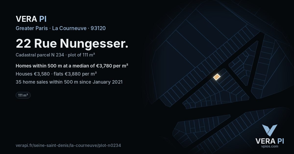 22 Rue Nungesser, La Courneuve at night – the plot lit, the parcels around coloured by the prices near them