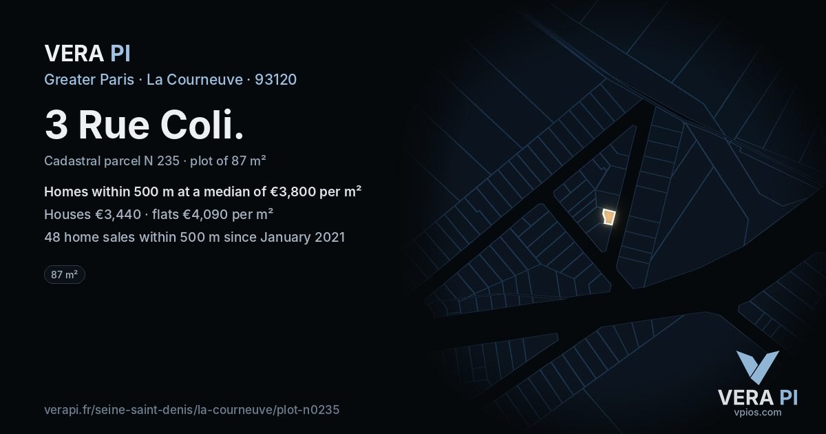 3 Rue Coli, La Courneuve at night – the plot lit, the parcels around coloured by the prices near them