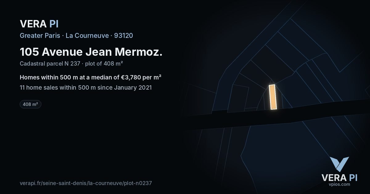 105 Avenue Jean Mermoz, La Courneuve at night – the plot lit, the parcels around coloured by the prices near them
