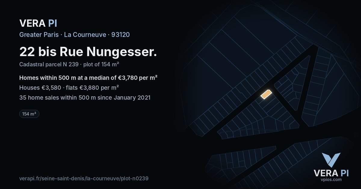 22 bis Rue Nungesser, La Courneuve at night – the plot lit, the parcels around coloured by the prices near them