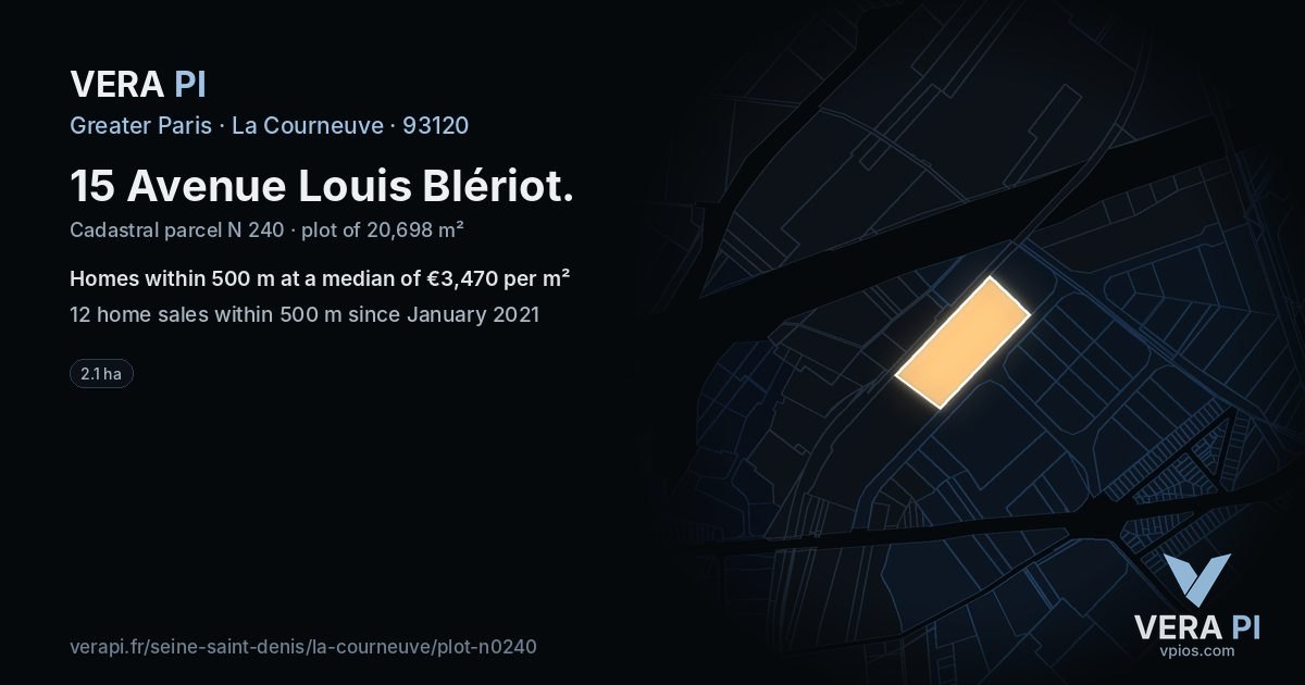 15 Avenue Louis Blériot, La Courneuve at night – the plot lit, the parcels around coloured by the prices near them
