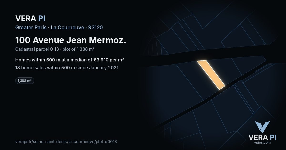 100 Avenue Jean Mermoz, La Courneuve at night – the plot lit, the parcels around coloured by the prices near them