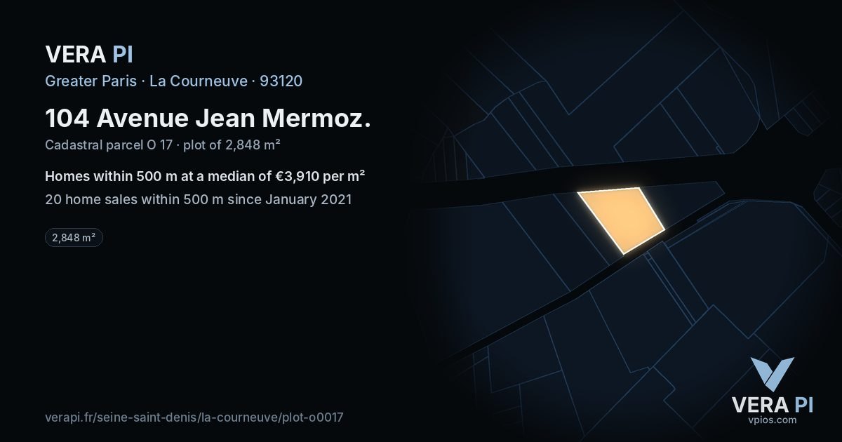 104 Avenue Jean Mermoz, La Courneuve at night – the plot lit, the parcels around coloured by the prices near them