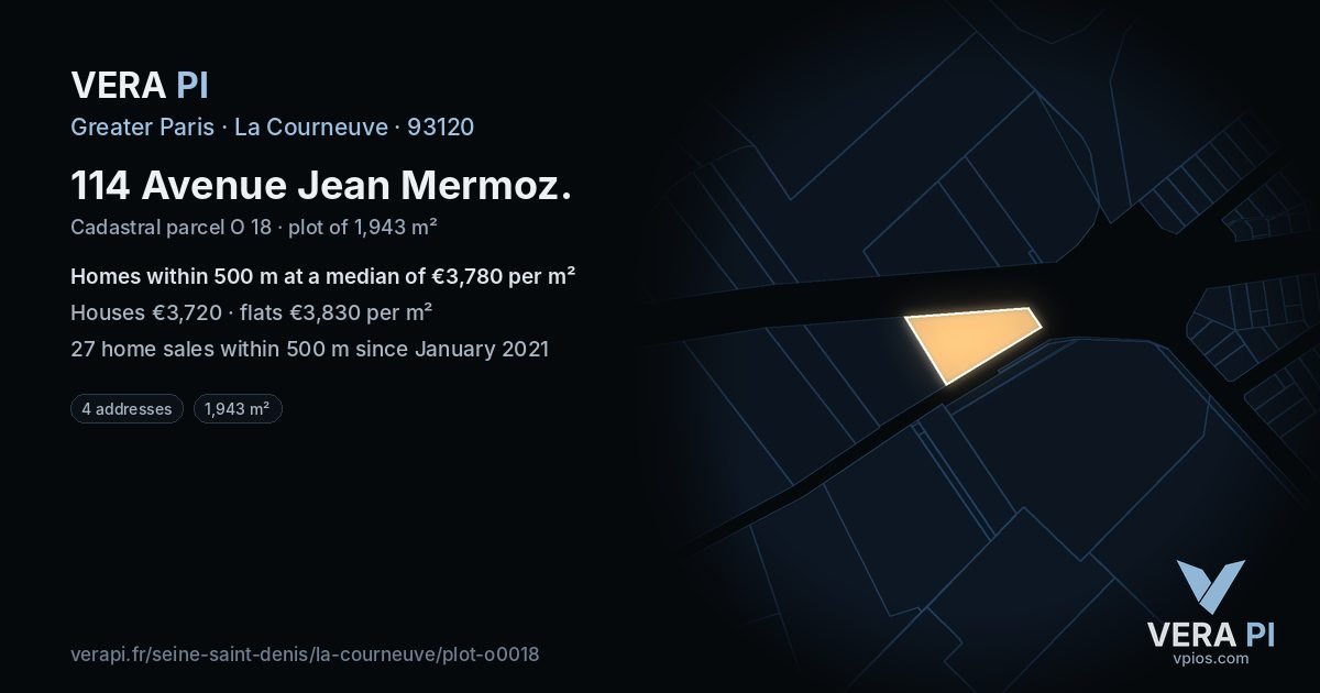 114 Avenue Jean Mermoz, La Courneuve at night – the plot lit, the parcels around coloured by the prices near them