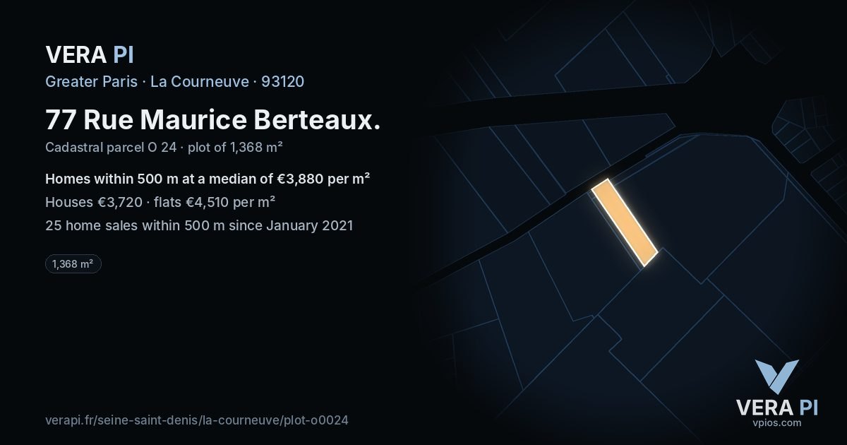 77 Rue Maurice Berteaux, La Courneuve at night – the plot lit, the parcels around coloured by the prices near them