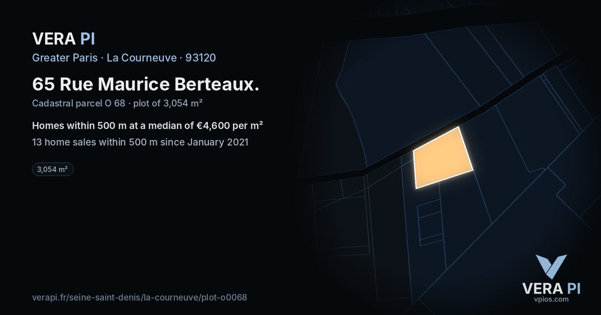 65 Rue Maurice Berteaux, La Courneuve at night – the plot lit, the parcels around coloured by the prices near them