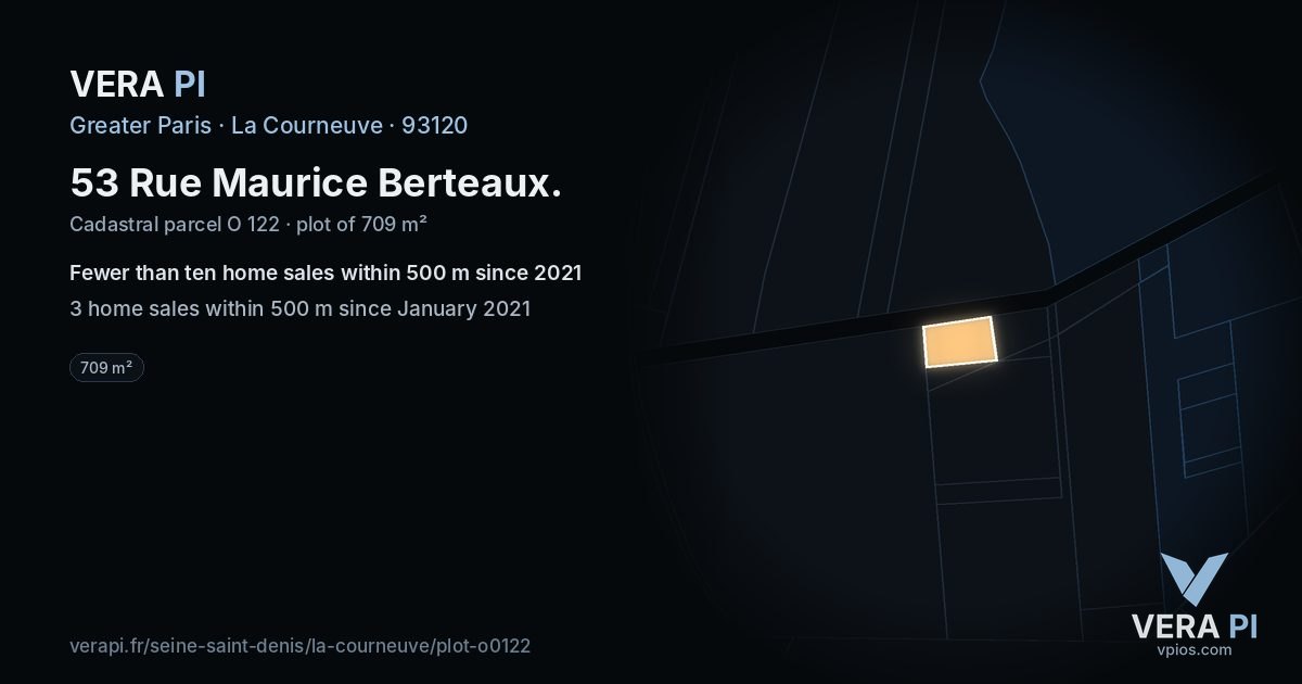 53 Rue Maurice Berteaux, La Courneuve at night – the plot lit, the parcels around coloured by the prices near them