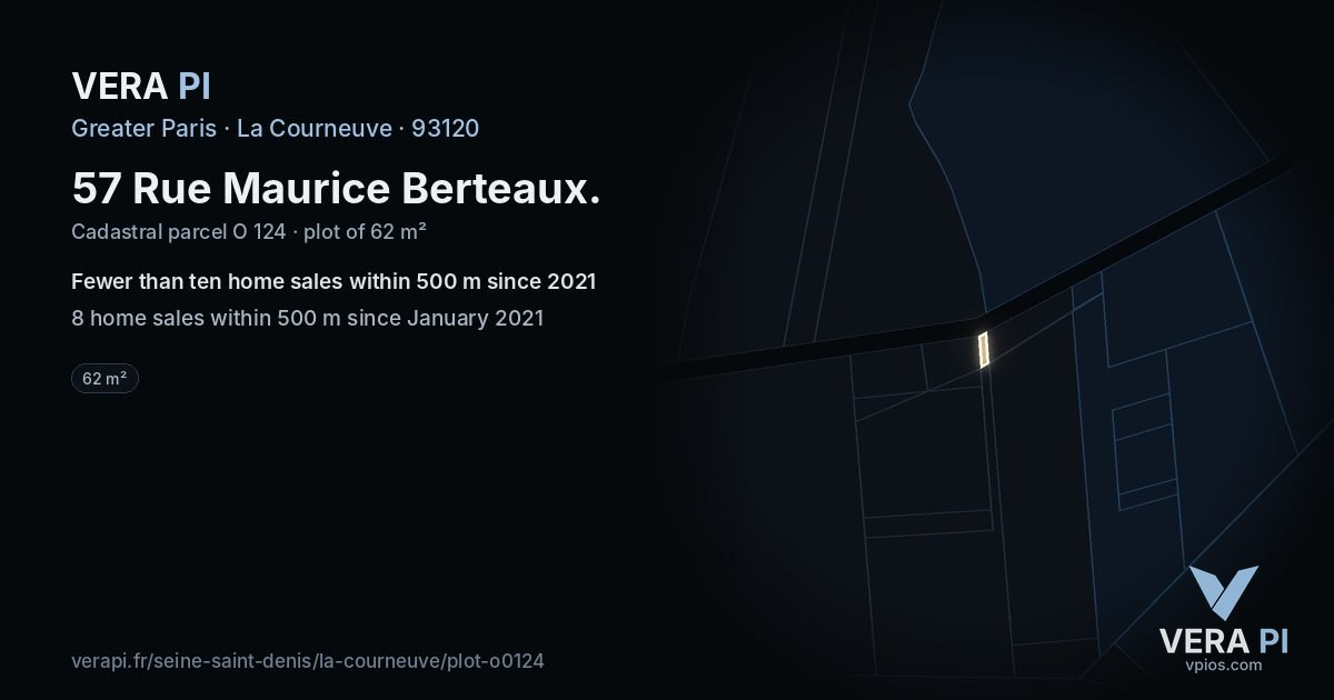 57 Rue Maurice Berteaux, La Courneuve at night – the plot lit, the parcels around coloured by the prices near them