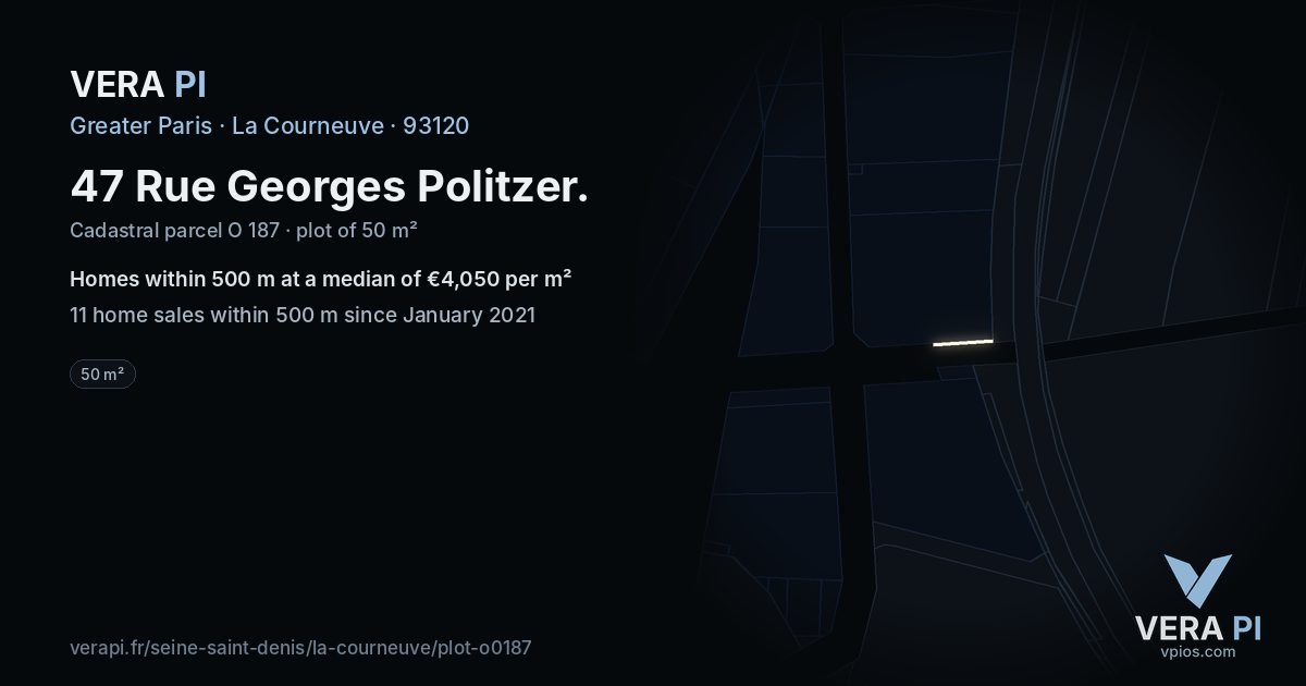 47 Rue Georges Politzer, La Courneuve at night – the plot lit, the parcels around coloured by the prices near them