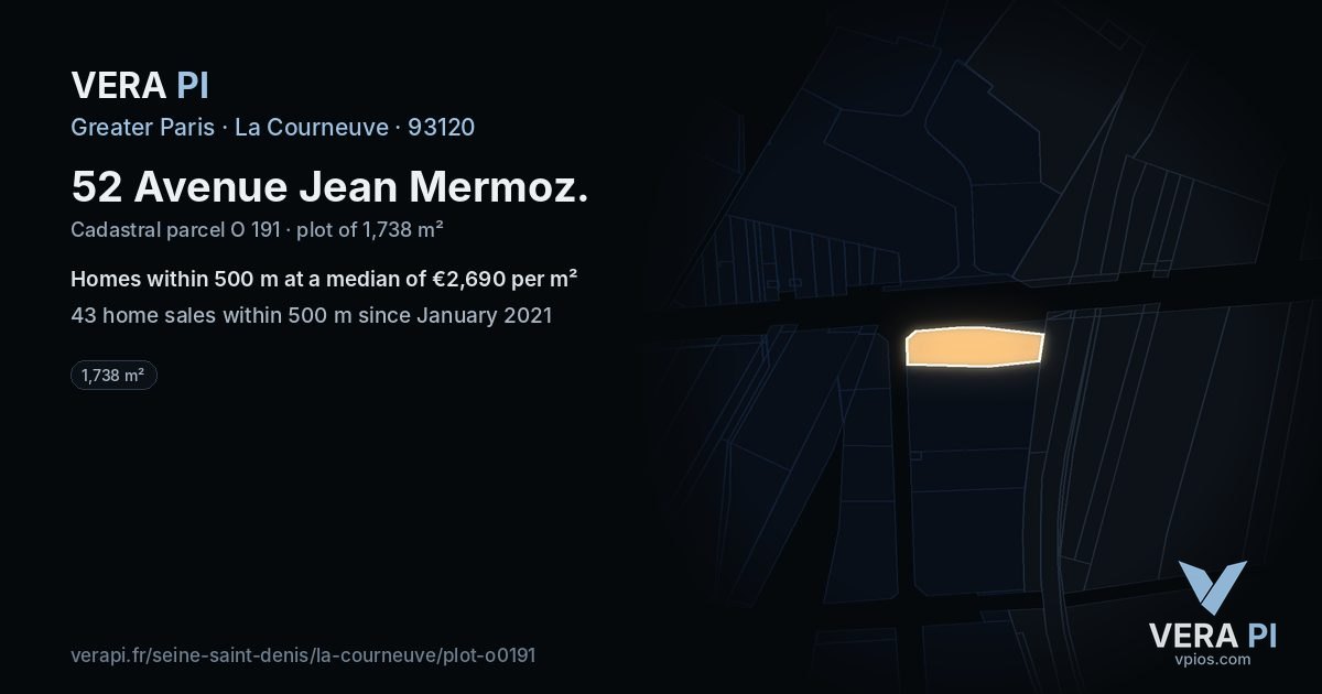 52 Avenue Jean Mermoz, La Courneuve at night – the plot lit, the parcels around coloured by the prices near them