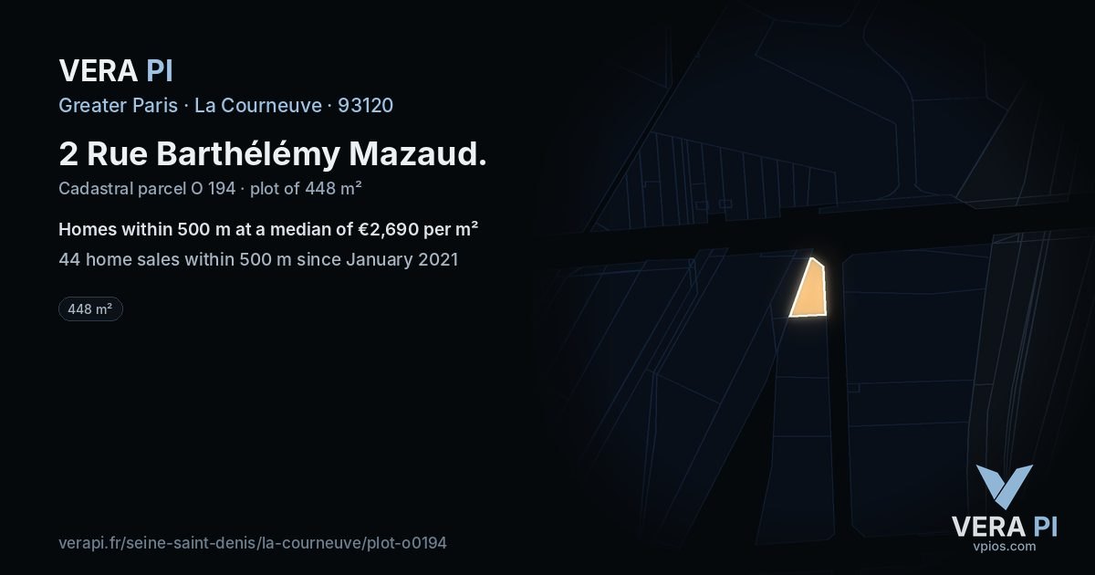 2 Rue Barthélémy Mazaud, La Courneuve at night – the plot lit, the parcels around coloured by the prices near them