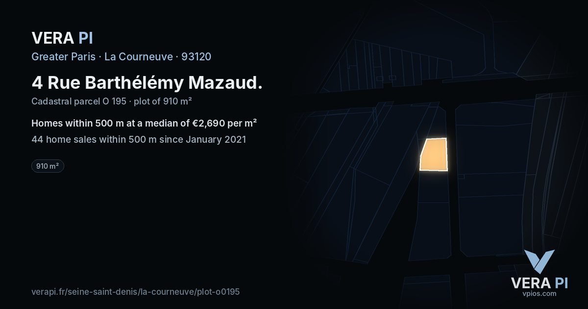 4 Rue Barthélémy Mazaud, La Courneuve at night – the plot lit, the parcels around coloured by the prices near them