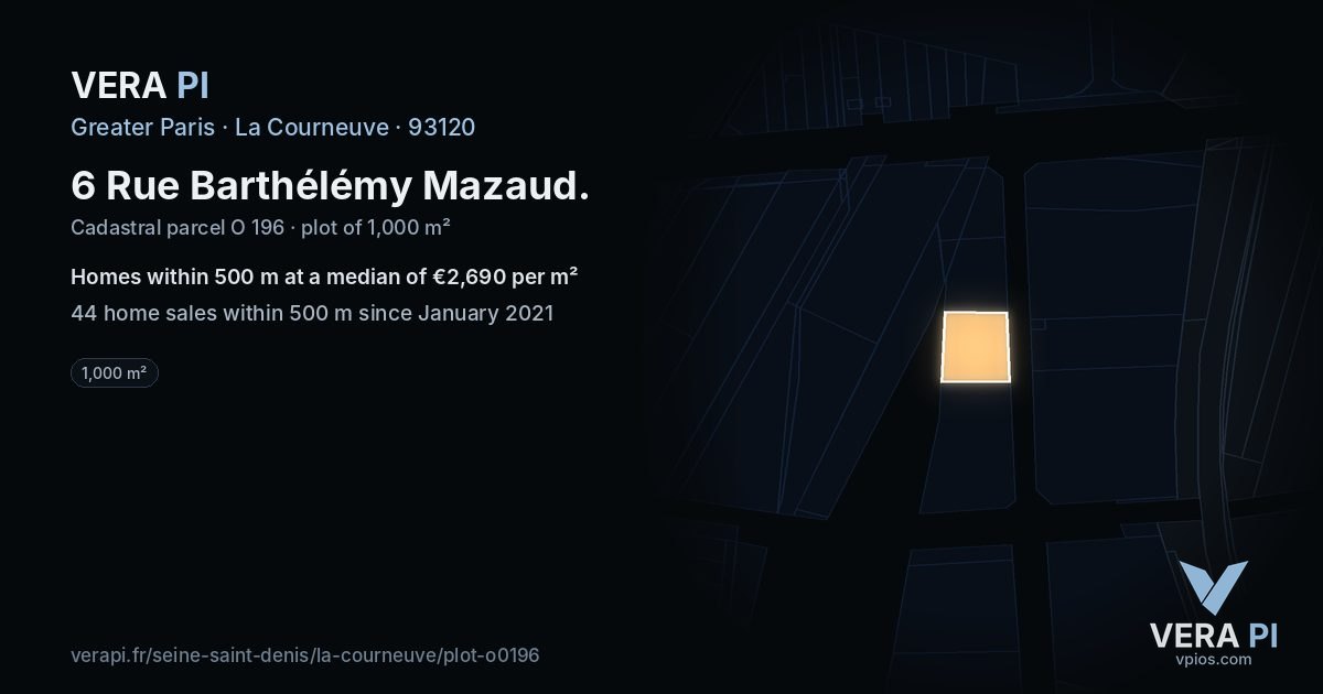 6 Rue Barthélémy Mazaud, La Courneuve at night – the plot lit, the parcels around coloured by the prices near them