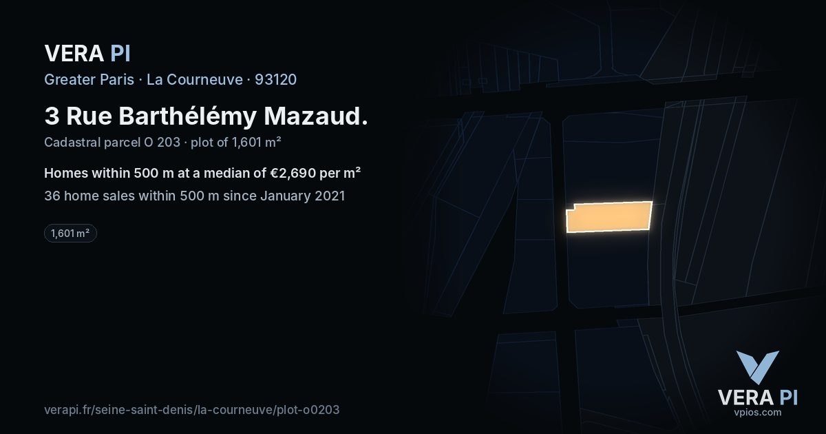 3 Rue Barthélémy Mazaud, La Courneuve at night – the plot lit, the parcels around coloured by the prices near them