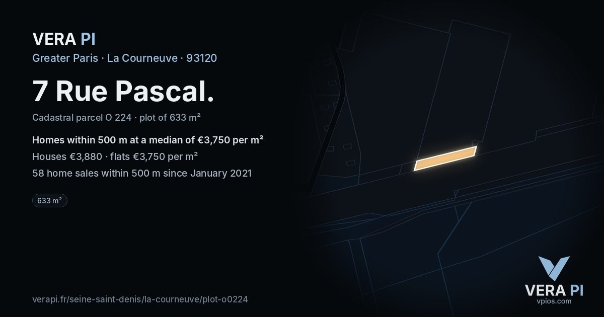 7 Rue Pascal, La Courneuve at night – the plot lit, the parcels around coloured by the prices near them