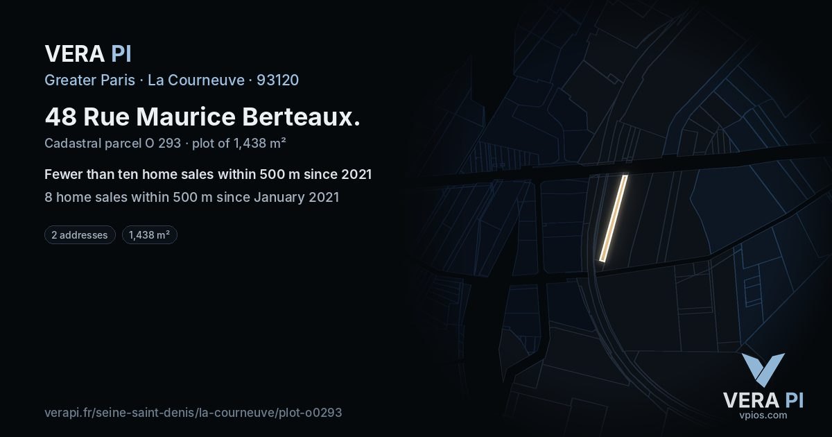 48 Rue Maurice Berteaux, La Courneuve at night – the plot lit, the parcels around coloured by the prices near them