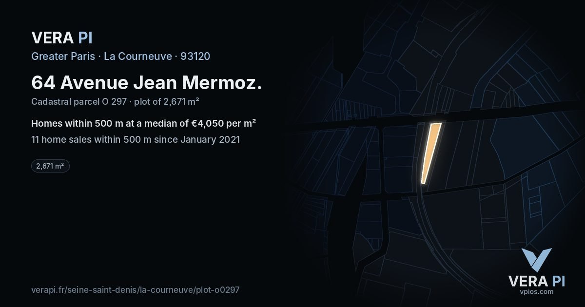 64 Avenue Jean Mermoz, La Courneuve at night – the plot lit, the parcels around coloured by the prices near them