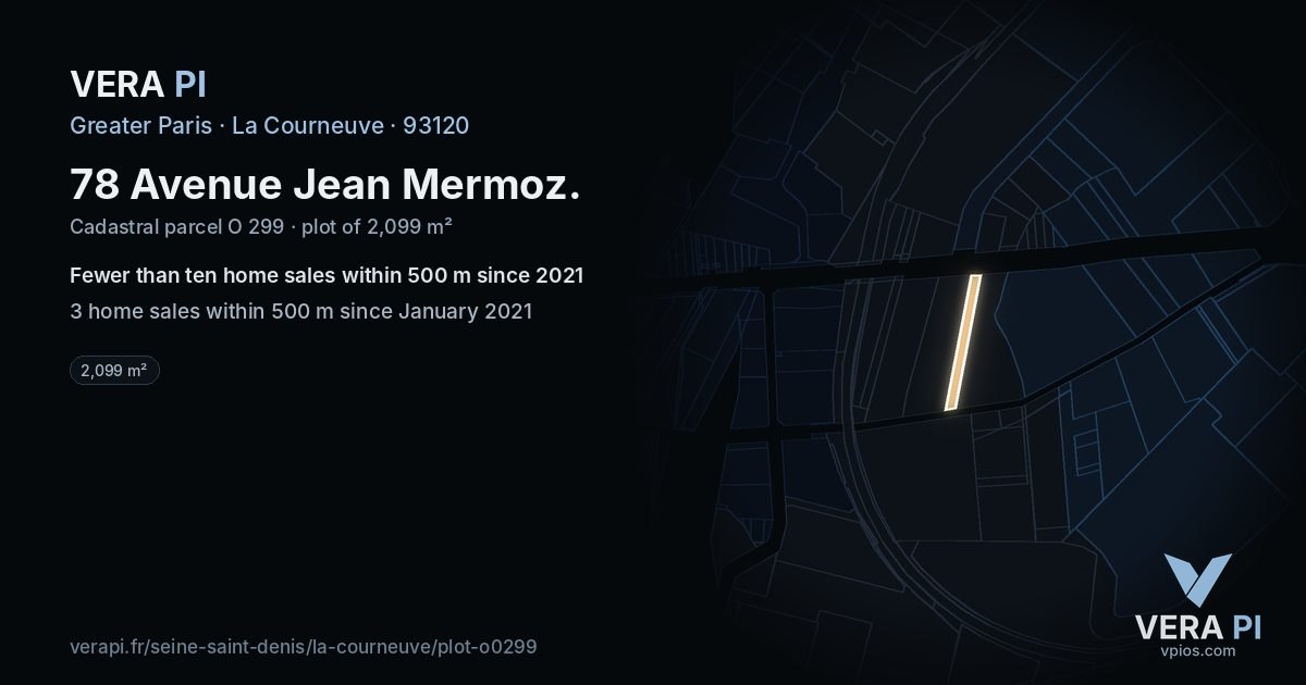 78 Avenue Jean Mermoz, La Courneuve at night – the plot lit, the parcels around coloured by the prices near them