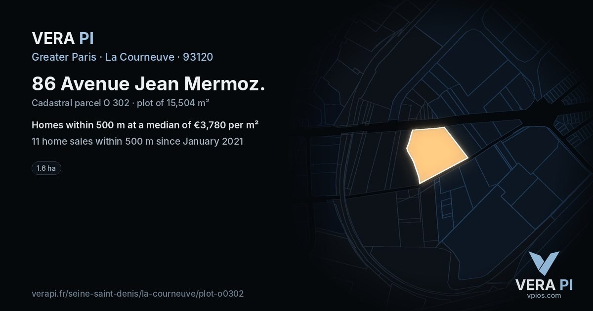 86 Avenue Jean Mermoz, La Courneuve at night – the plot lit, the parcels around coloured by the prices near them
