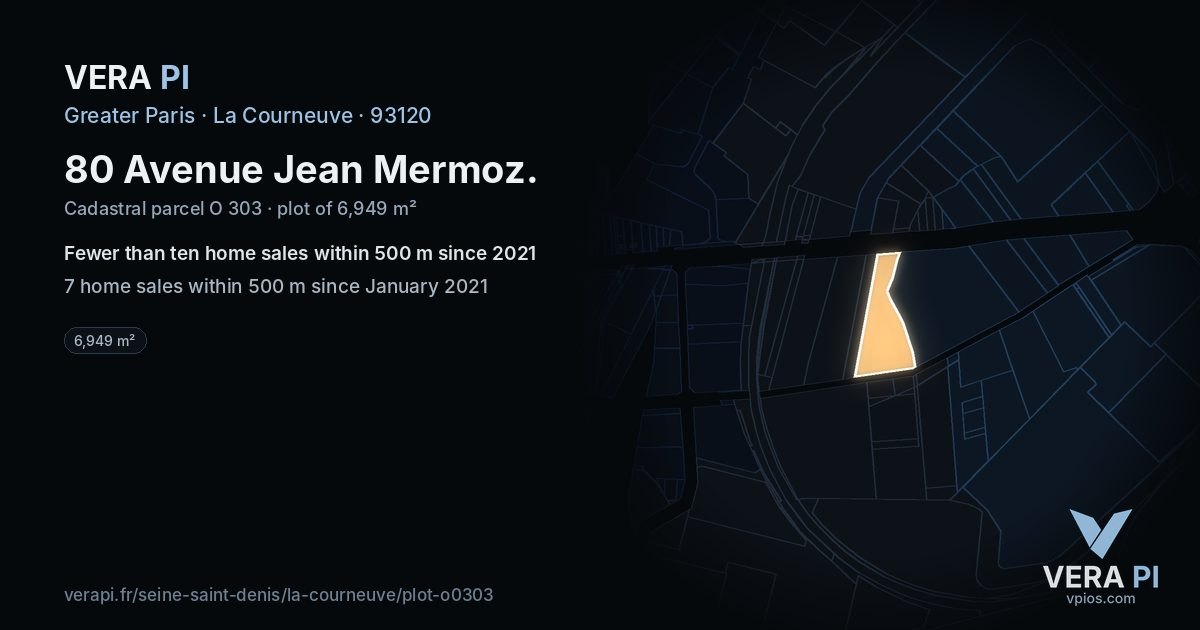 80 Avenue Jean Mermoz, La Courneuve at night – the plot lit, the parcels around coloured by the prices near them