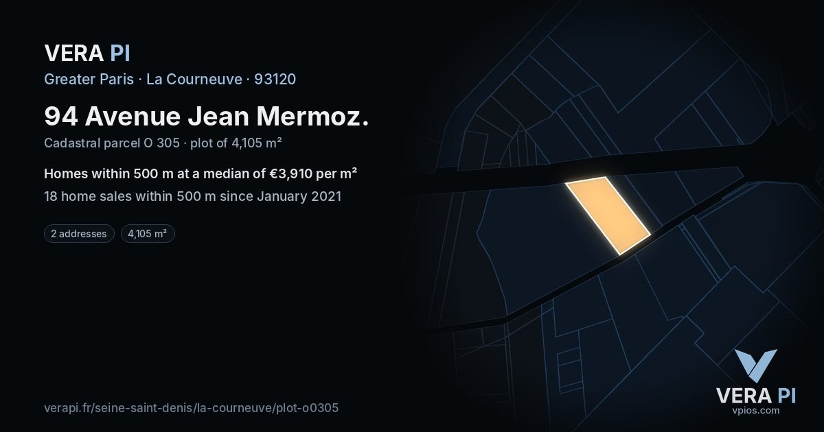 94 Avenue Jean Mermoz, La Courneuve at night – the plot lit, the parcels around coloured by the prices near them