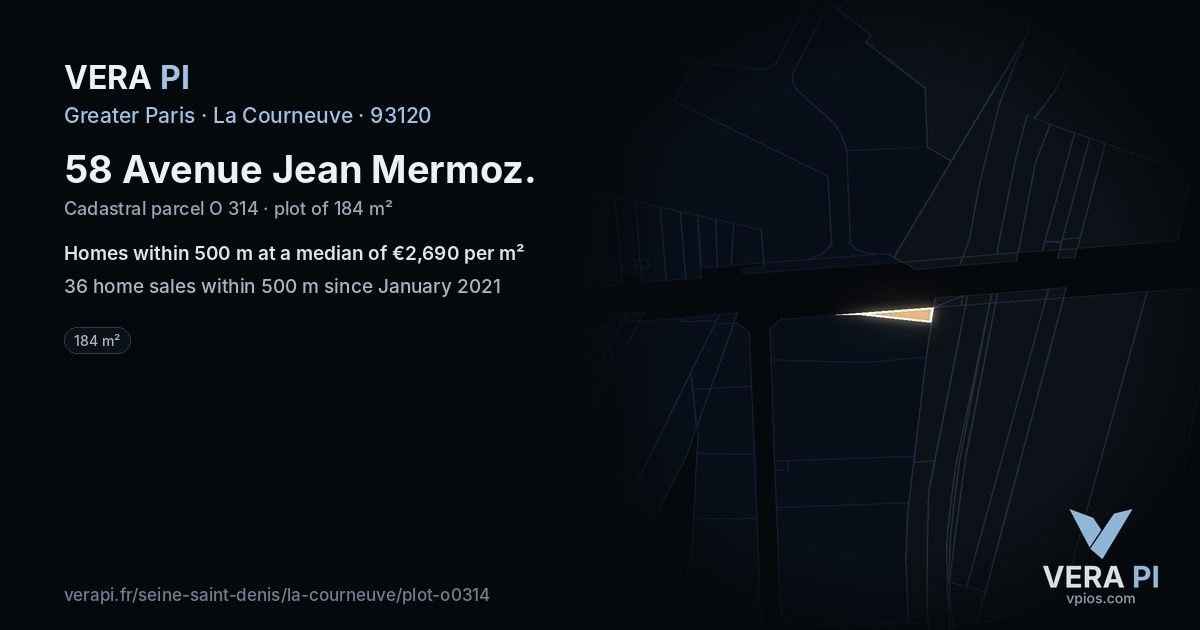 58 Avenue Jean Mermoz, La Courneuve at night – the plot lit, the parcels around coloured by the prices near them