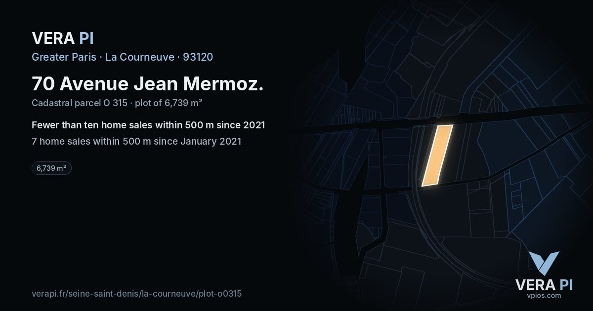 70 Avenue Jean Mermoz, La Courneuve at night – the plot lit, the parcels around coloured by the prices near them