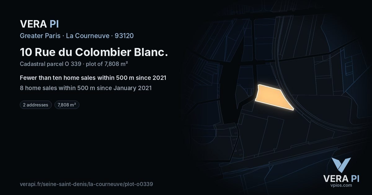 10 Rue du Colombier Blanc, La Courneuve at night – the plot lit, the parcels around coloured by the prices near them