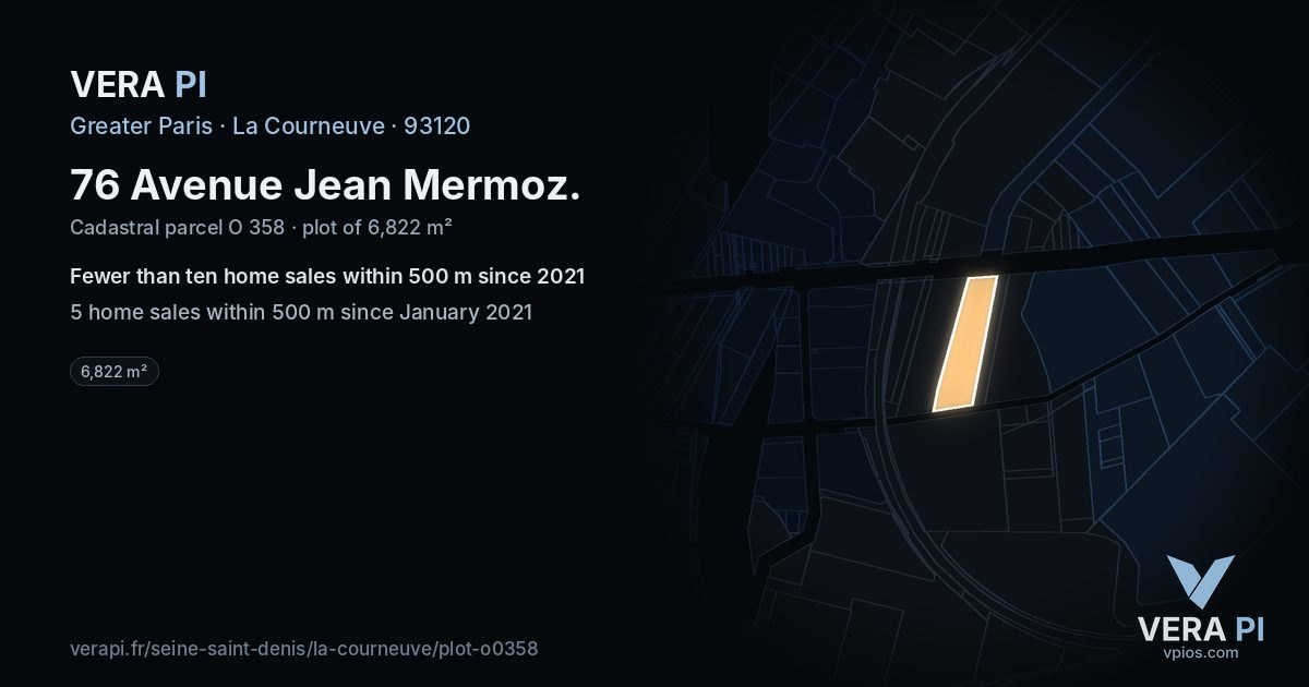 76 Avenue Jean Mermoz, La Courneuve at night – the plot lit, the parcels around coloured by the prices near them