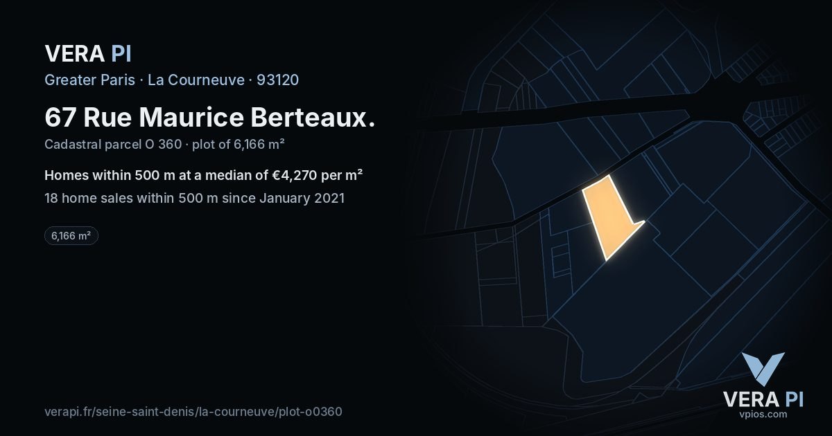 67 Rue Maurice Berteaux, La Courneuve at night – the plot lit, the parcels around coloured by the prices near them