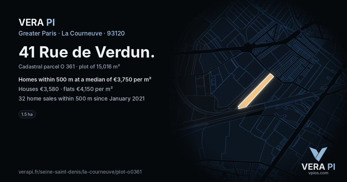 41 Rue de Verdun, La Courneuve at night – the plot lit, the parcels around coloured by the prices near them