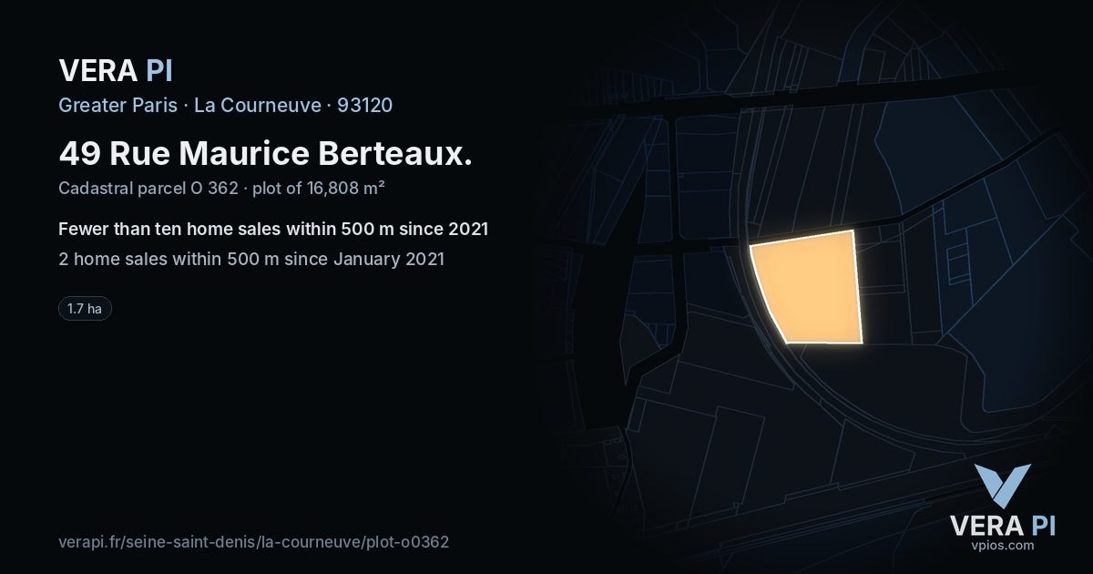 49 Rue Maurice Berteaux, La Courneuve at night – the plot lit, the parcels around coloured by the prices near them