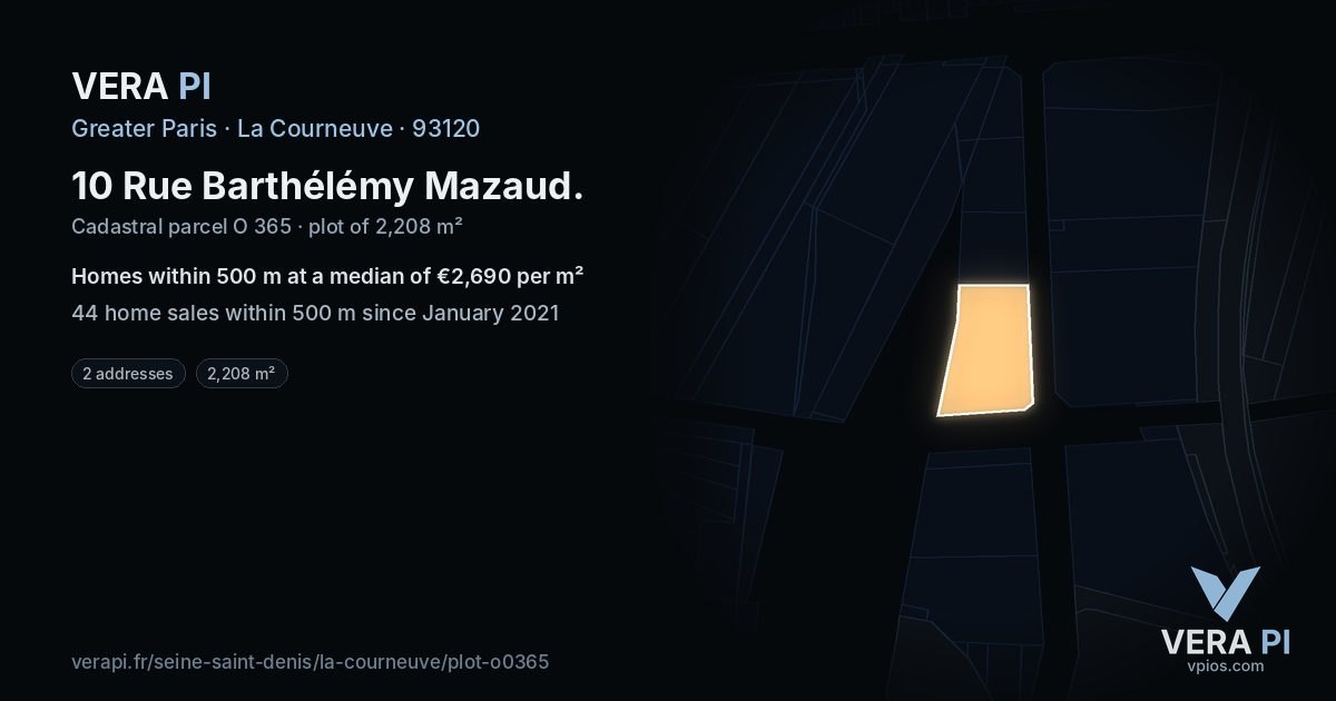 10 Rue Barthélémy Mazaud, La Courneuve at night – the plot lit, the parcels around coloured by the prices near them