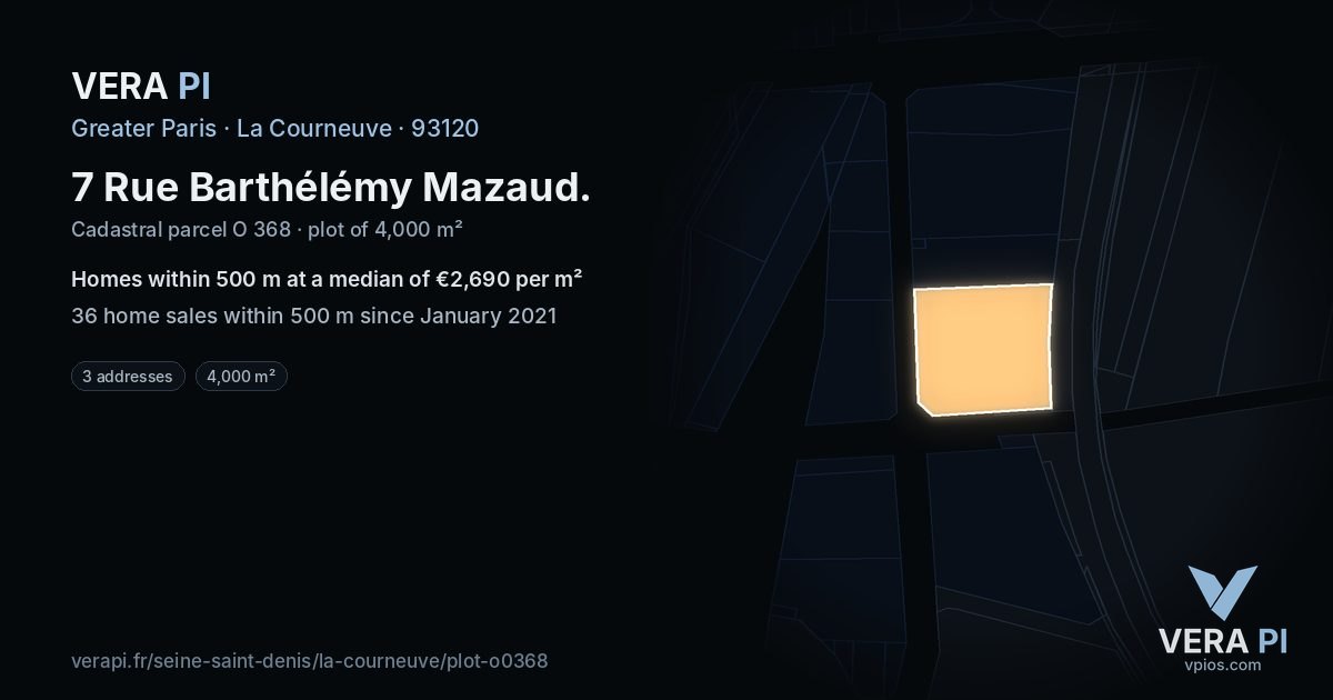 7 Rue Barthélémy Mazaud, La Courneuve at night – the plot lit, the parcels around coloured by the prices near them