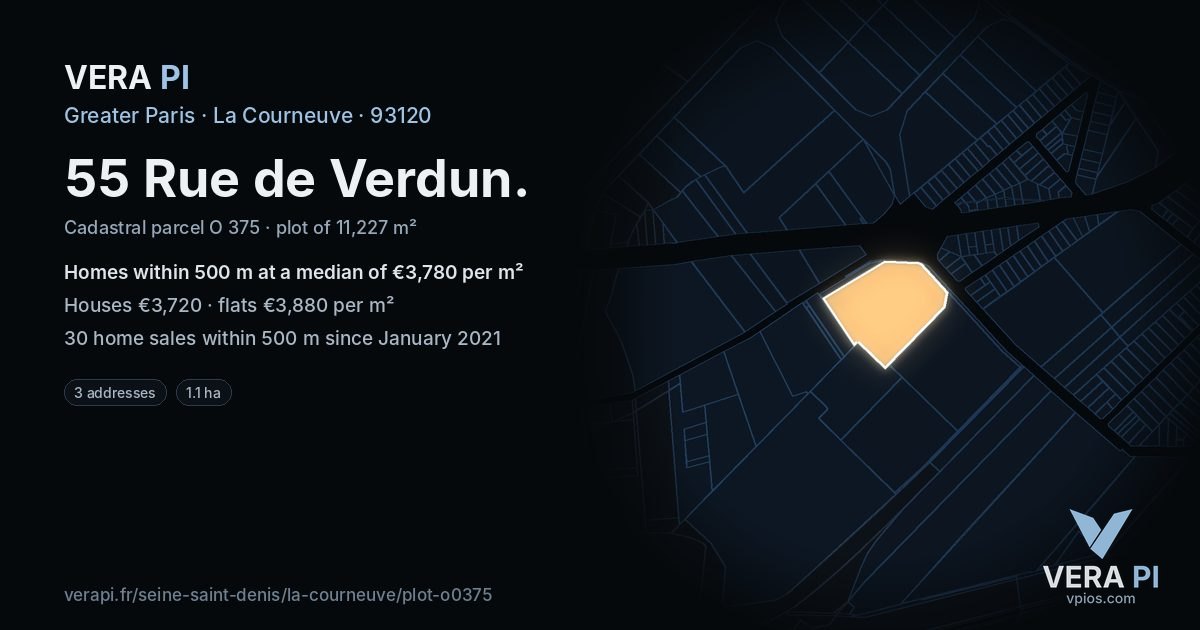 55 Rue de Verdun, La Courneuve at night – the plot lit, the parcels around coloured by the prices near them