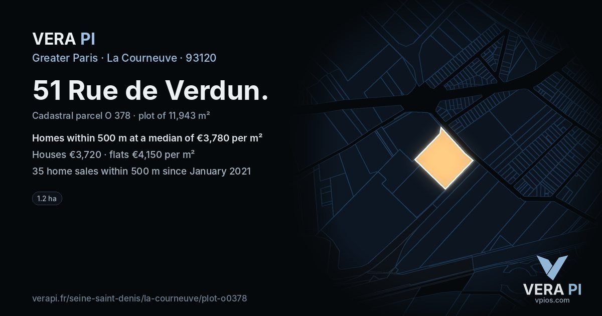 51 Rue de Verdun, La Courneuve at night – the plot lit, the parcels around coloured by the prices near them