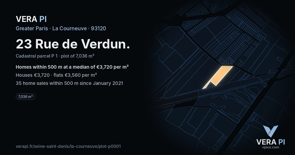 23 Rue de Verdun, La Courneuve at night – the plot lit, the parcels around coloured by the prices near them