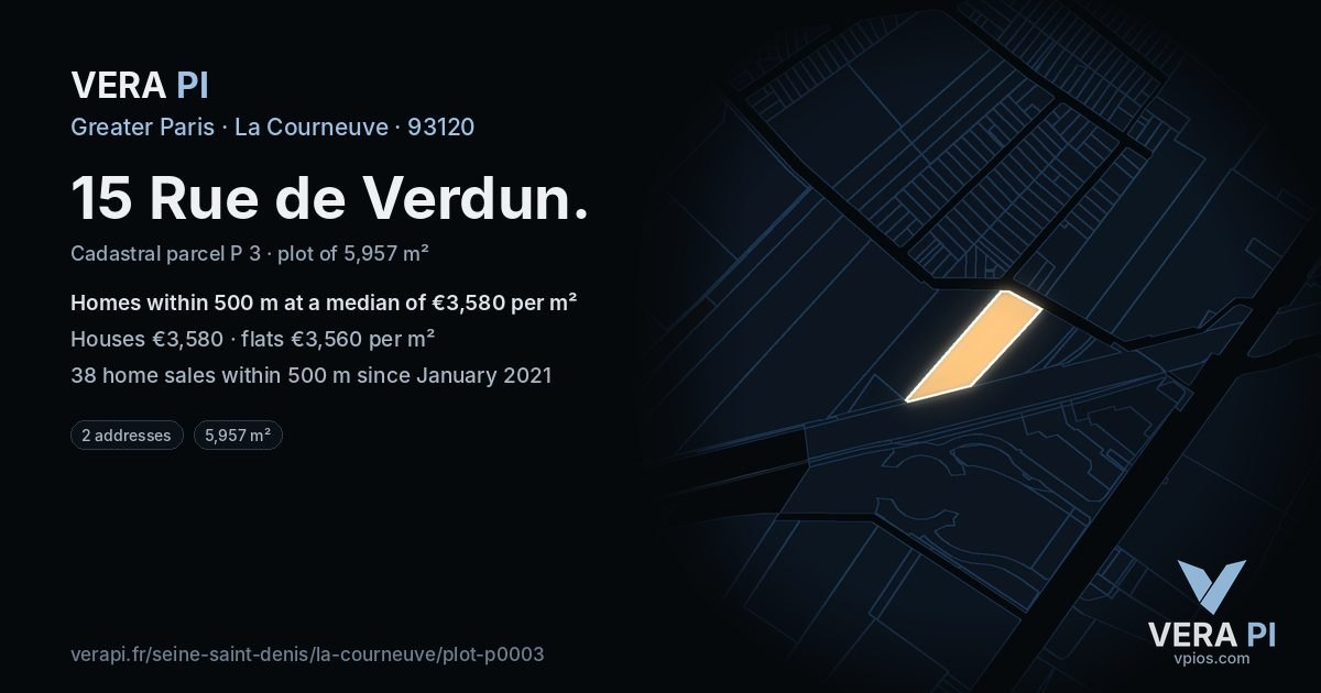 15 Rue de Verdun, La Courneuve at night – the plot lit, the parcels around coloured by the prices near them