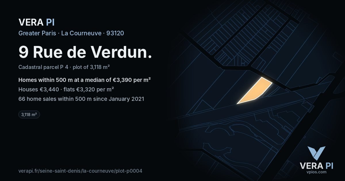 9 Rue de Verdun, La Courneuve at night – the plot lit, the parcels around coloured by the prices near them