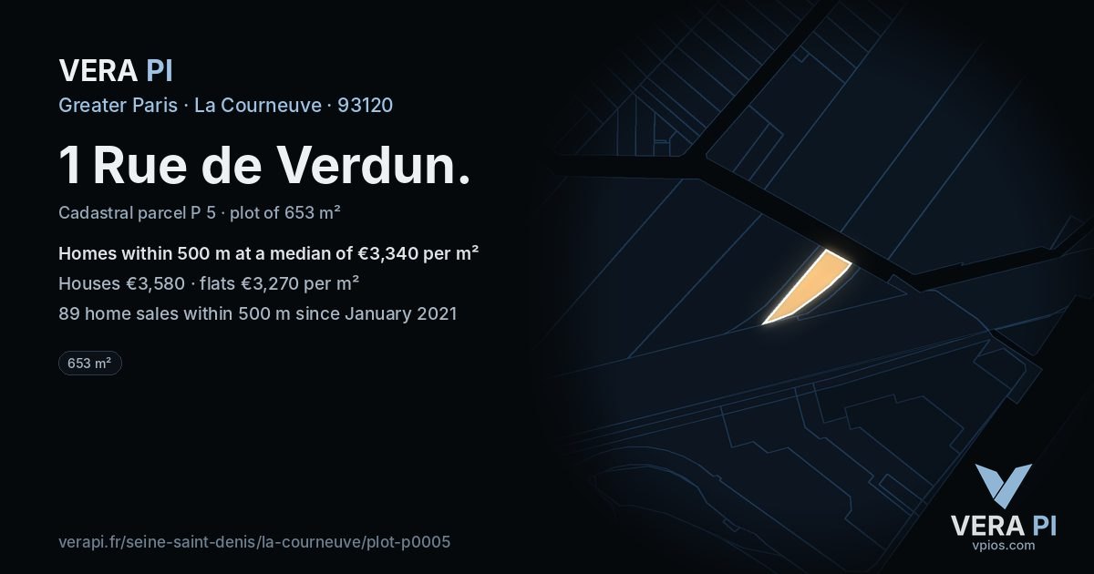 1 Rue de Verdun, La Courneuve at night – the plot lit, the parcels around coloured by the prices near them