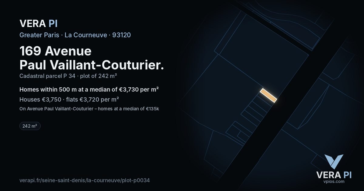 169 Avenue Paul Vaillant-Couturier, La Courneuve at night – the plot lit, the parcels around coloured by the prices near them
