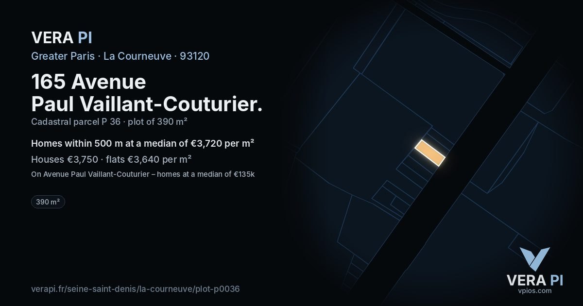 165 Avenue Paul Vaillant-Couturier, La Courneuve at night – the plot lit, the parcels around coloured by the prices near them