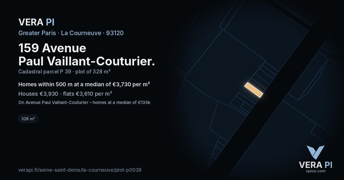 159 Avenue Paul Vaillant-Couturier, La Courneuve at night – the plot lit, the parcels around coloured by the prices near them