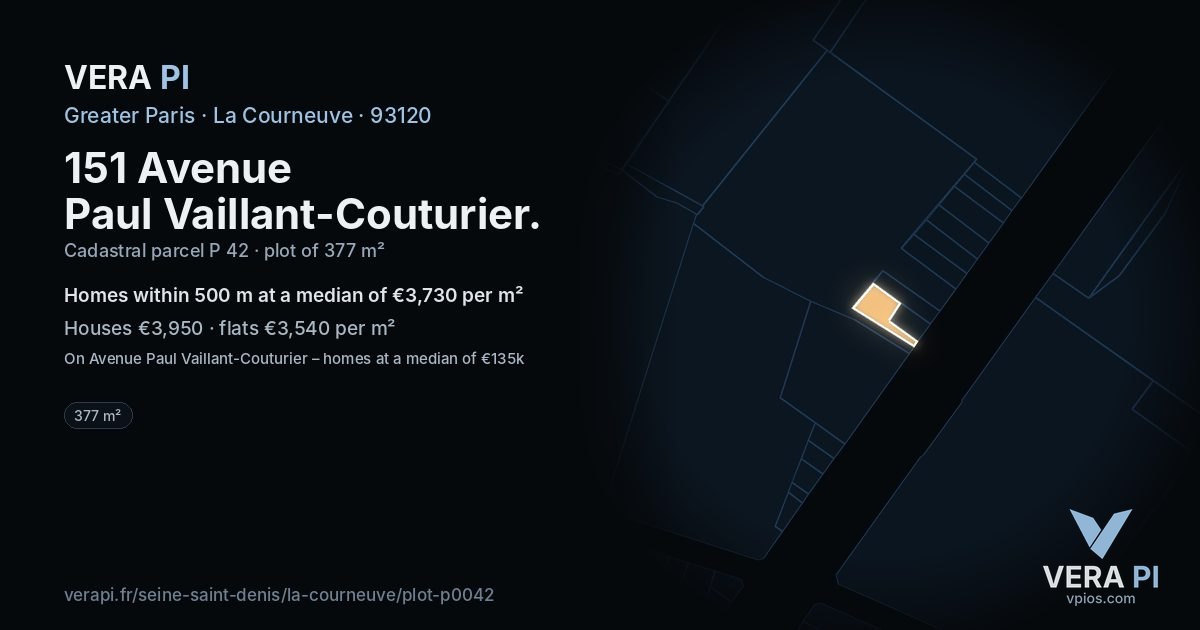 151 Avenue Paul Vaillant-Couturier, La Courneuve at night – the plot lit, the parcels around coloured by the prices near them