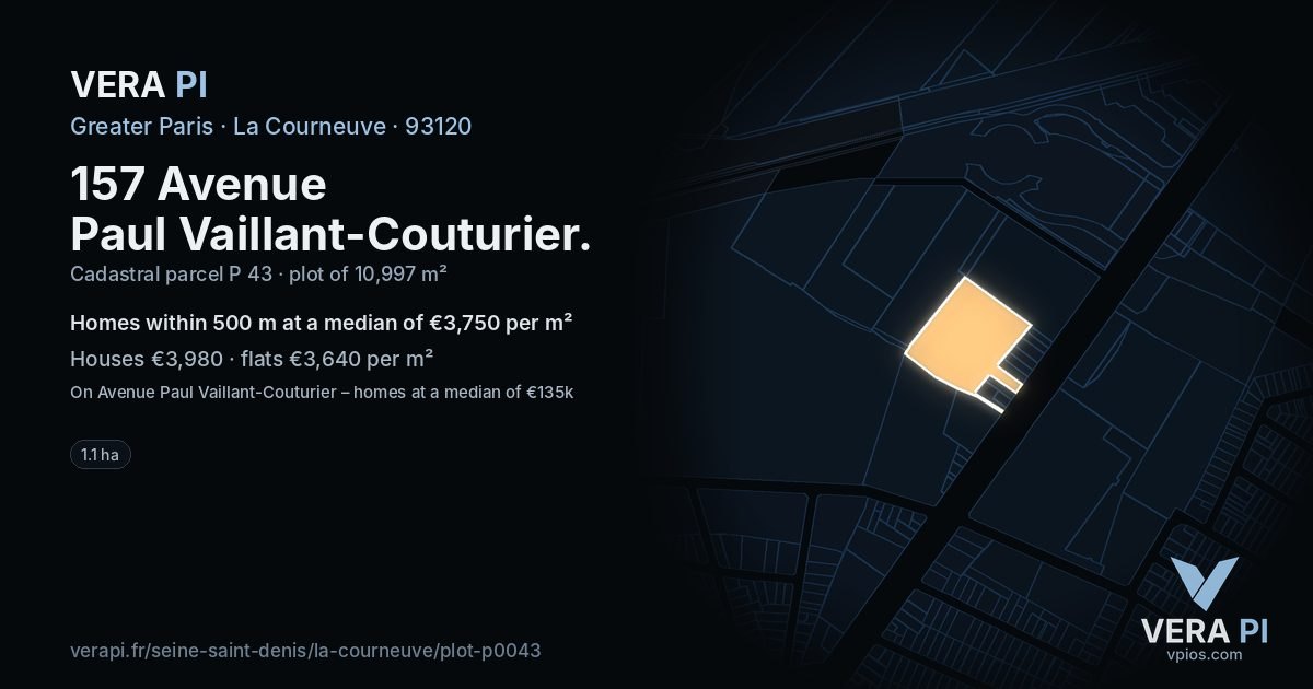 157 Avenue Paul Vaillant-Couturier, La Courneuve at night – the plot lit, the parcels around coloured by the prices near them
