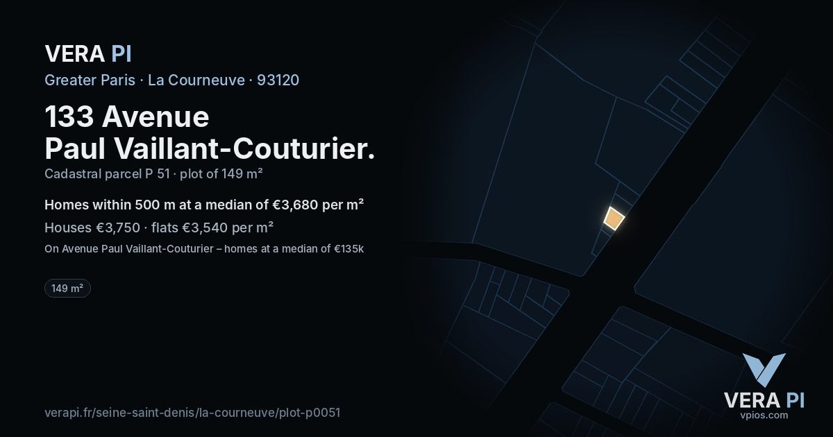 133 Avenue Paul Vaillant-Couturier, La Courneuve at night – the plot lit, the parcels around coloured by the prices near them