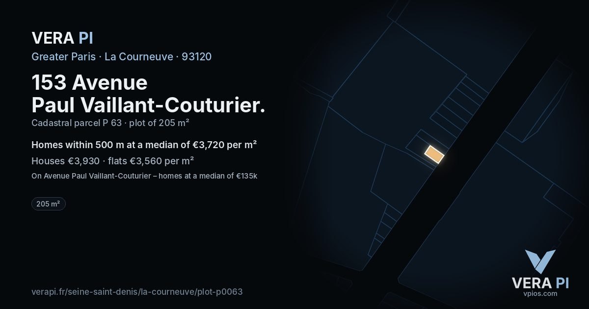 153 Avenue Paul Vaillant-Couturier, La Courneuve at night – the plot lit, the parcels around coloured by the prices near them