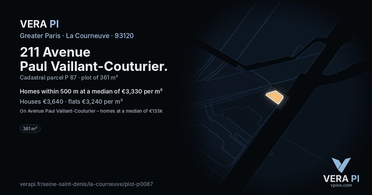 211 Avenue Paul Vaillant-Couturier, La Courneuve at night – the plot lit, the parcels around coloured by the prices near them