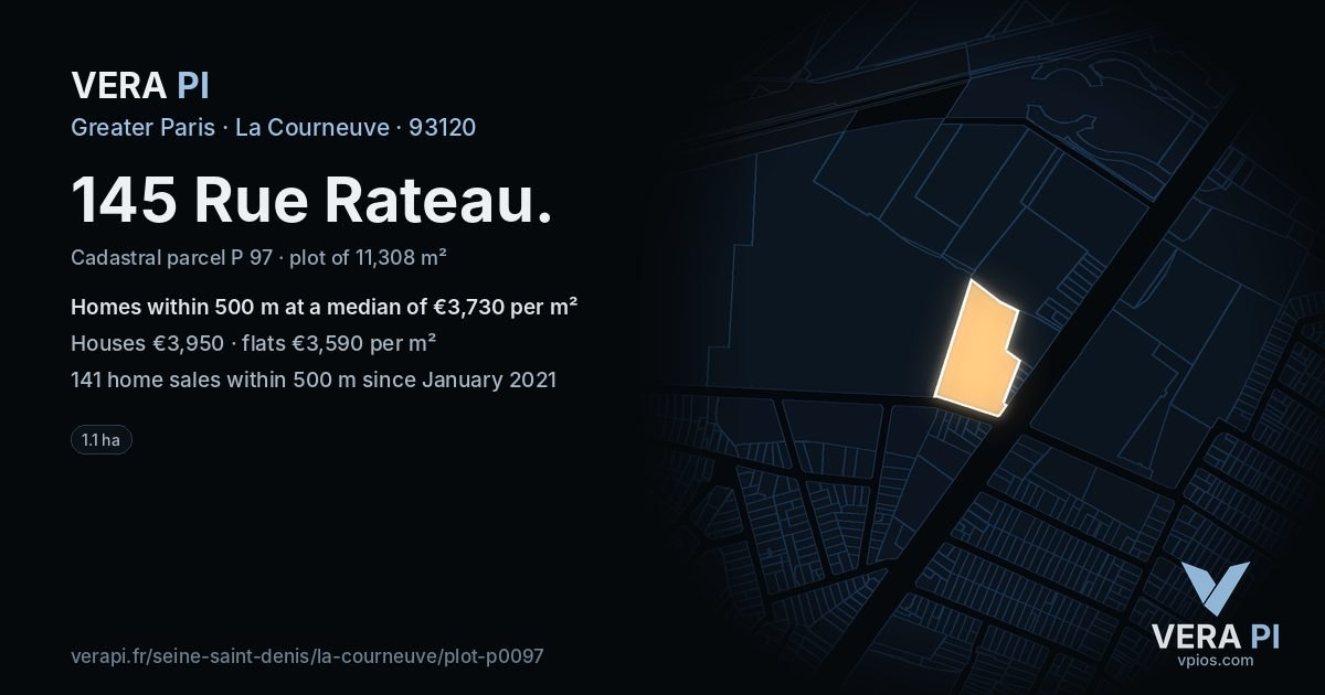 145 Rue Rateau, La Courneuve at night – the plot lit, the parcels around coloured by the prices near them